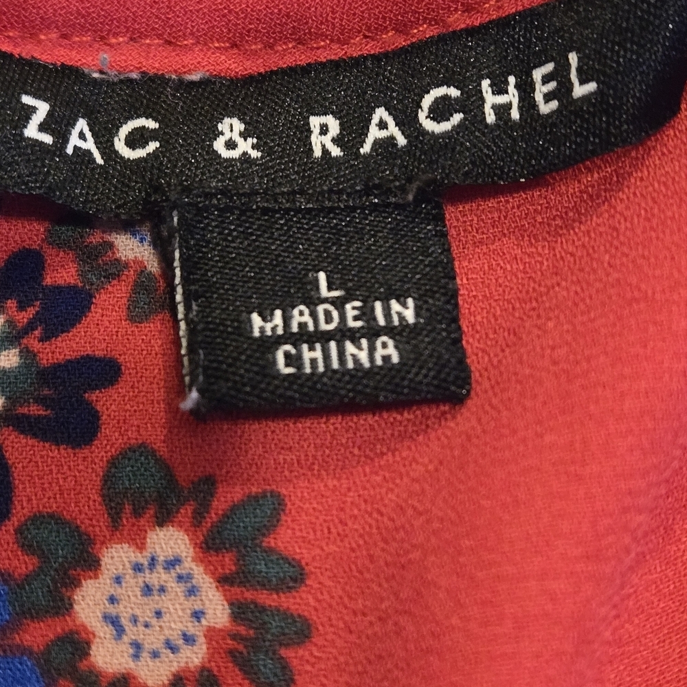 Zac & Rachel Womens L Red Floral Peasant Blouse Tie Neck Boho Flowy Tunic Top - Picture 4 of 13